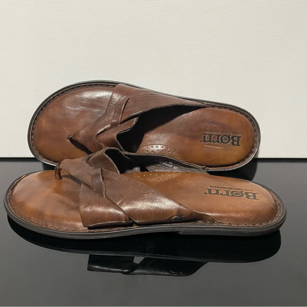 Born Men's 11 Dark Brown Leather Flip-Flops Sandals Crisscross Strap Handcrafted - Picture 2 of 10